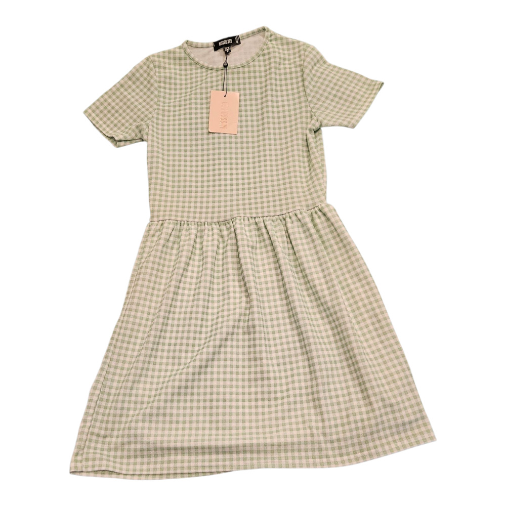 Missguided Women's Size 6 Green and White Plaid Short Sleeve Dress
